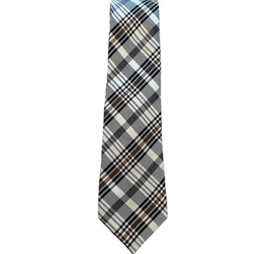 Ben Sherman black white & tan plaid skinny tie, 100% silk